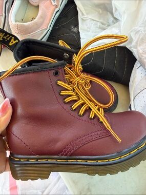 Dr. Martens Kids Burgundy Leather Ankle Boots with Yellow Laces